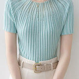 Slim-Fit Short-Sleeve Knit Top with Rhinestones and Crew Neck - liwisi