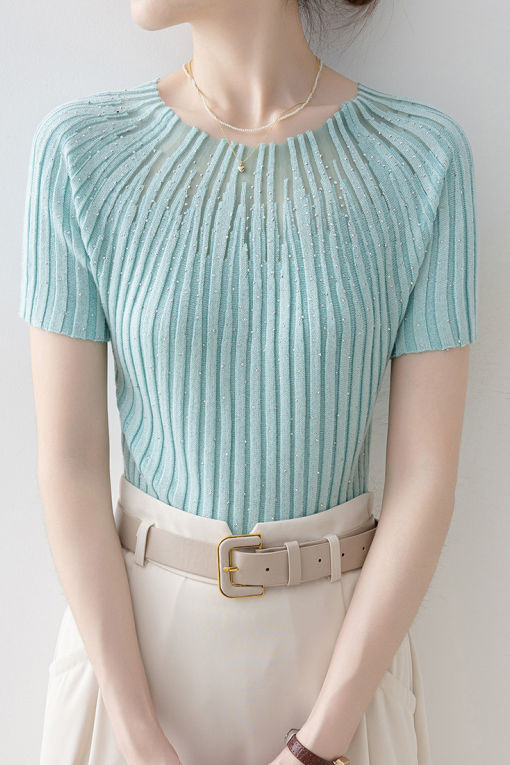 Slim-Fit Short-Sleeve Knit Top with Rhinestones and Crew Neck - liwisi