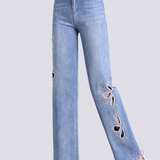Embroidered Straight-Leg Hollow-Out Jeans - liwisi