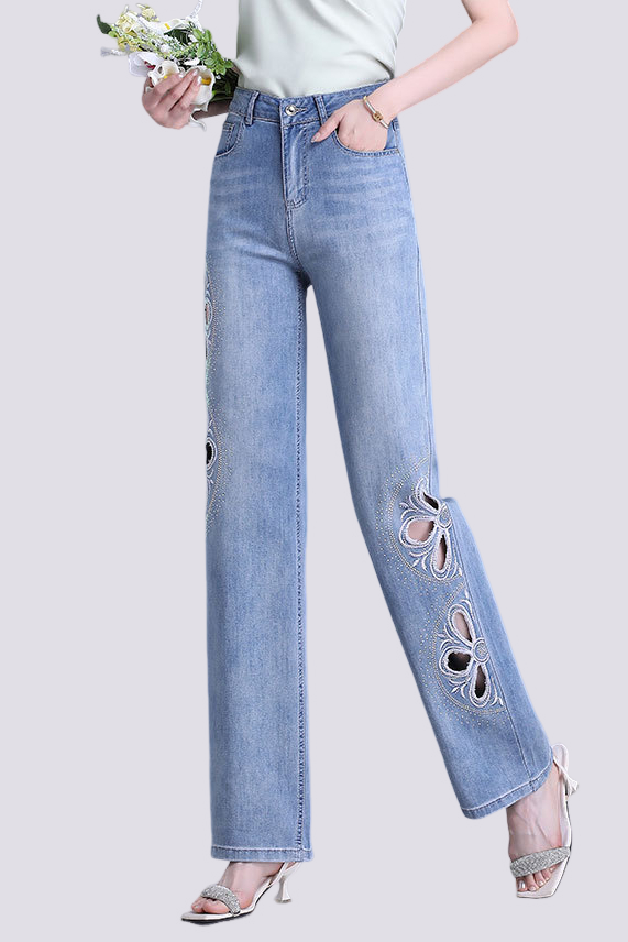 Embroidered Straight-Leg Hollow-Out Jeans - liwisi
