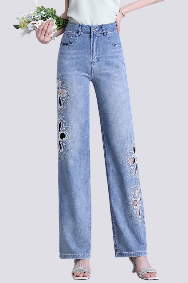 Embroidered Straight-Leg Hollow-Out Jeans - liwisi