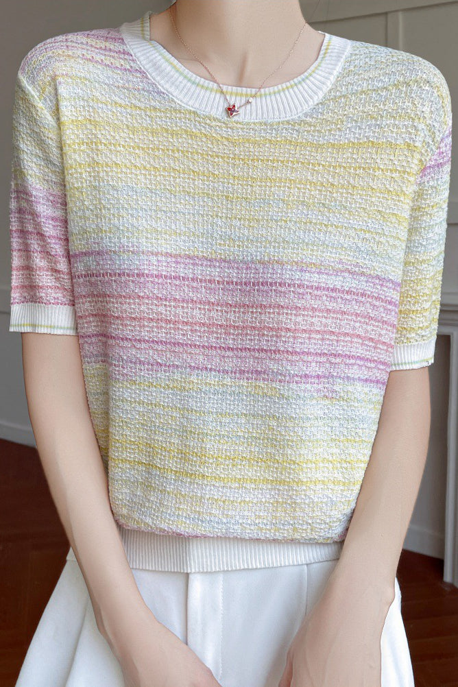 Casual gradient color-block striped short-sleeve knit top - liwisi