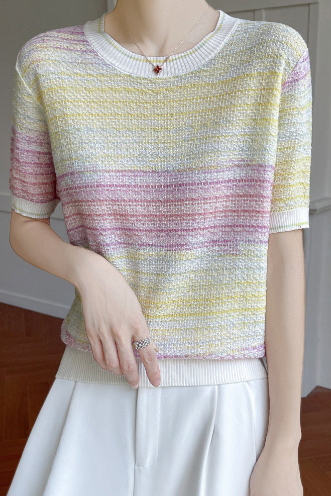 Casual gradient color-block striped short-sleeve knit top - liwisi