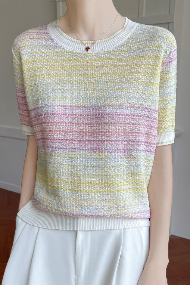 Casual gradient color-block striped short-sleeve knit top - liwisi