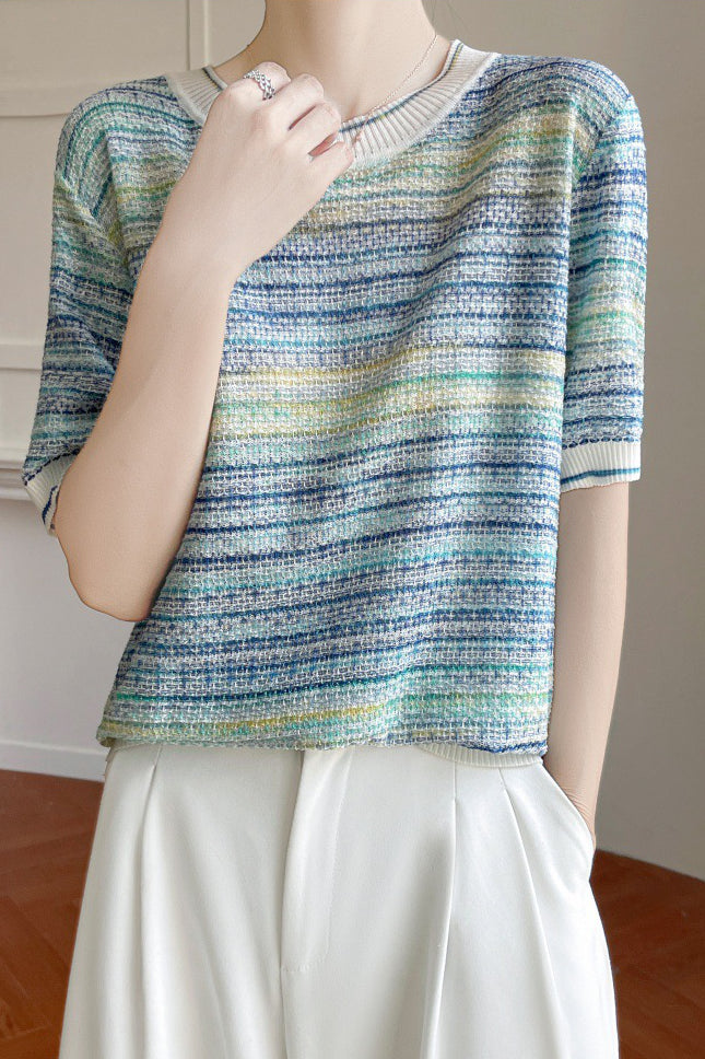 Casual gradient color-block striped short-sleeve knit top - liwisi