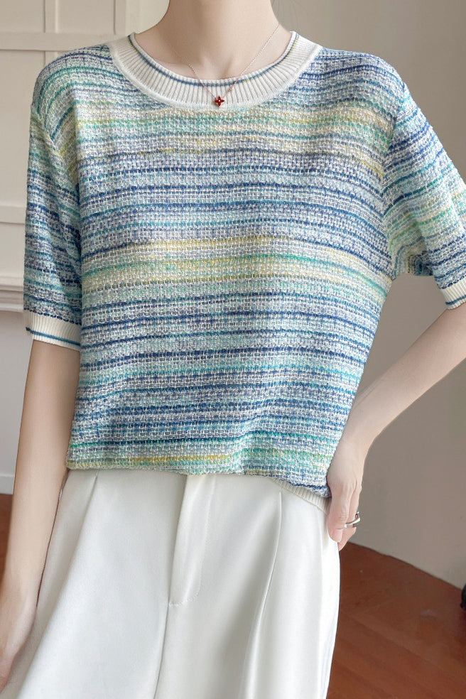 Casual gradient color-block striped short-sleeve knit top - liwisi