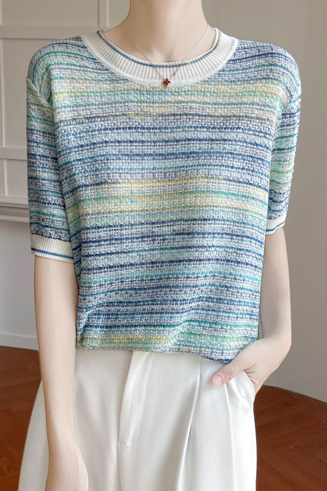 Casual gradient color-block striped short-sleeve knit top - liwisi