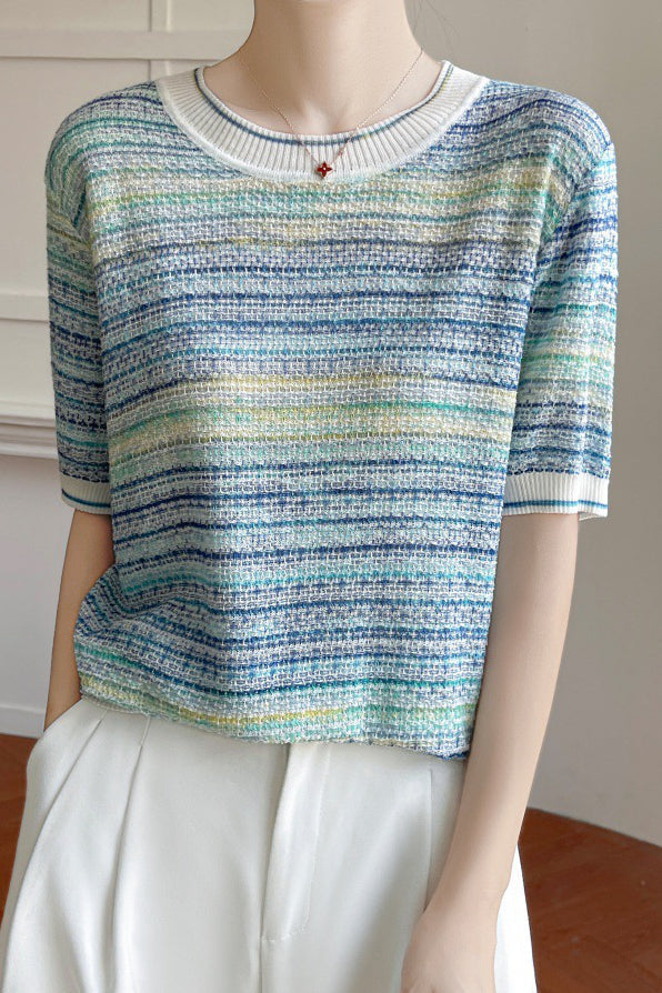 Casual gradient color-block striped short-sleeve knit top - liwisi