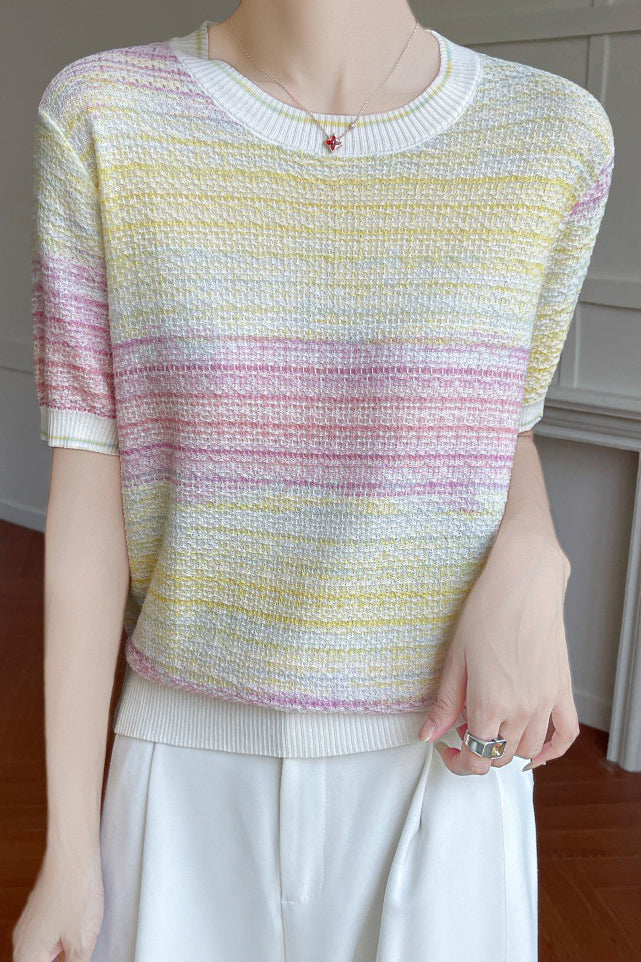 Casual gradient color-block striped short-sleeve knit top - liwisi