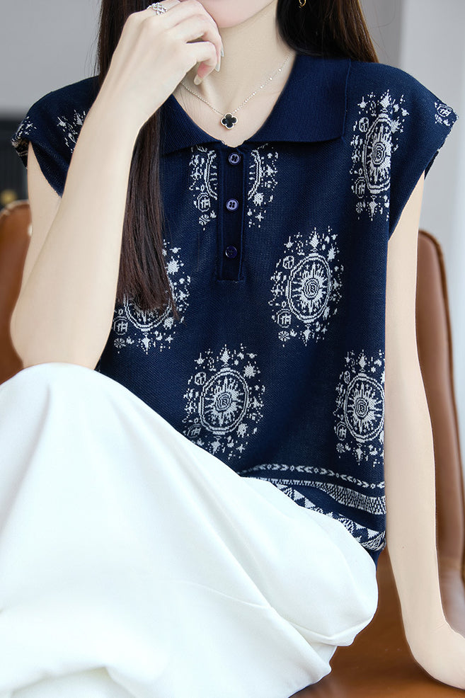 Fashionable knitted jacquard polo top - liwisi