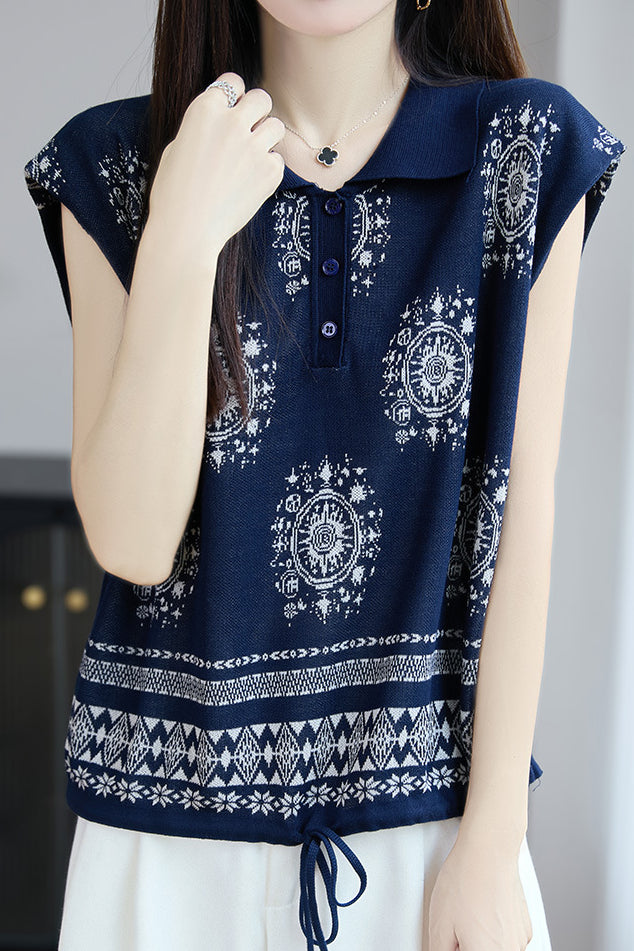Fashionable knitted jacquard polo top - liwisi