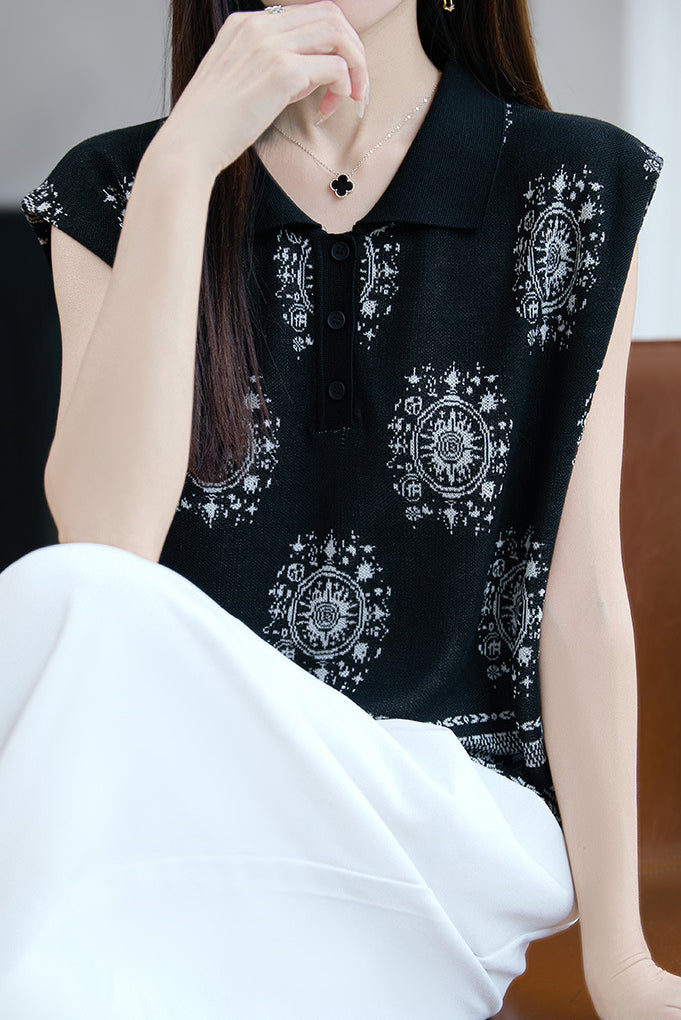 Fashionable knitted jacquard polo top - liwisi