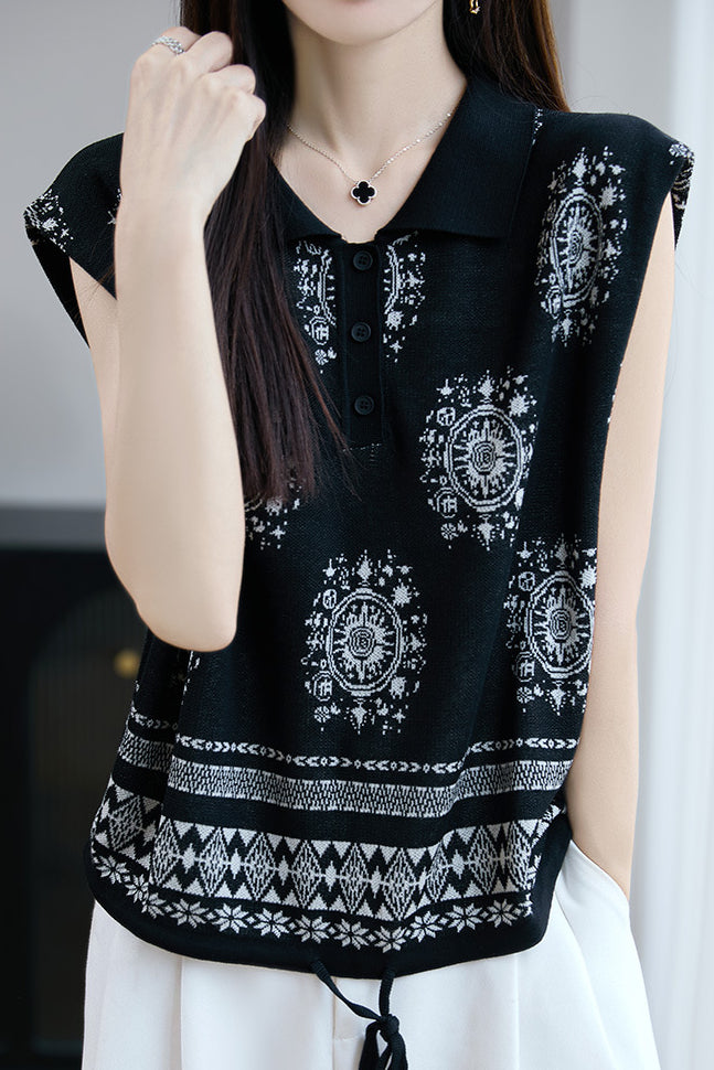 Fashionable knitted jacquard polo top - liwisi