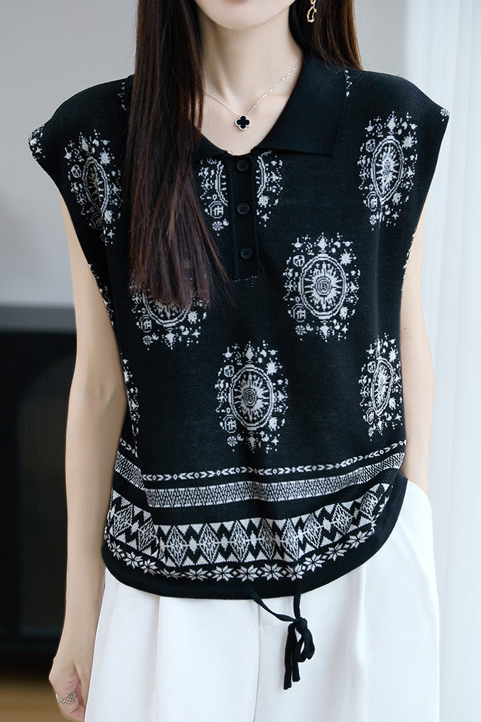 Fashionable knitted jacquard polo top - liwisi