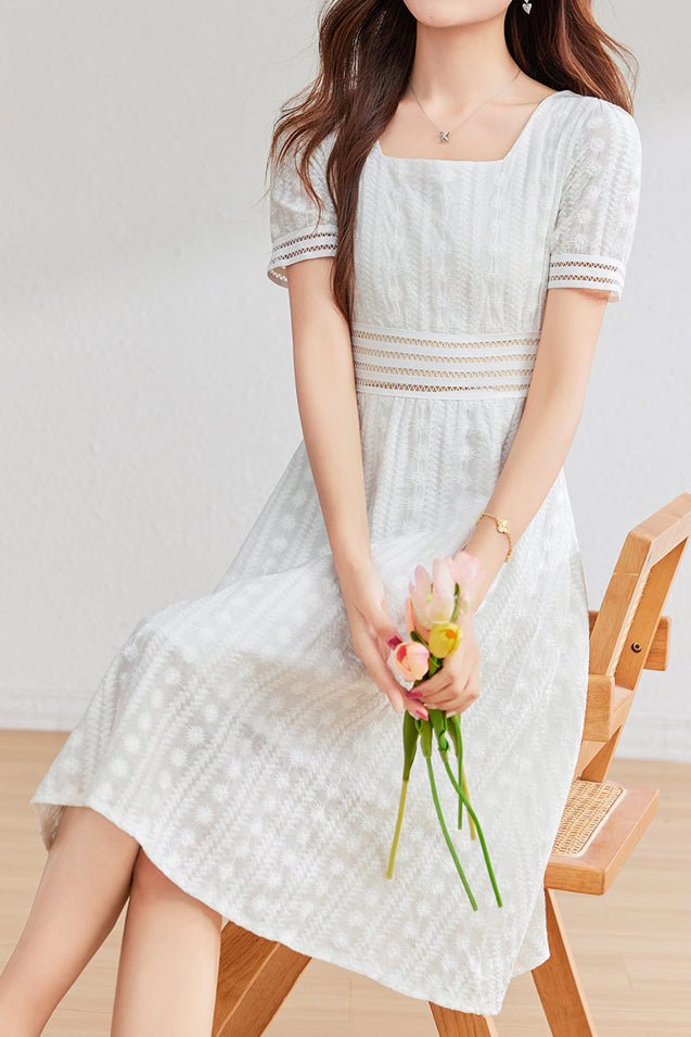 French-style lace hollow square-neck dress - liwisi
