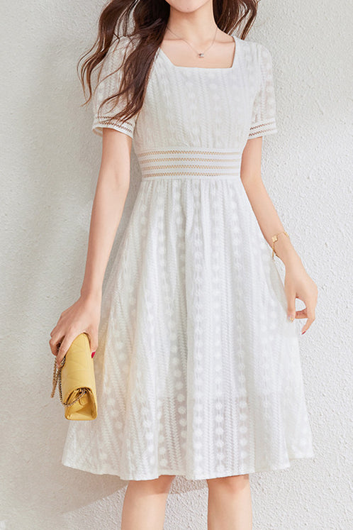 French-style lace hollow square-neck dress - liwisi