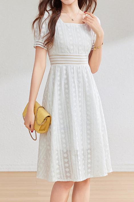 French-style lace hollow square-neck dress - liwisi