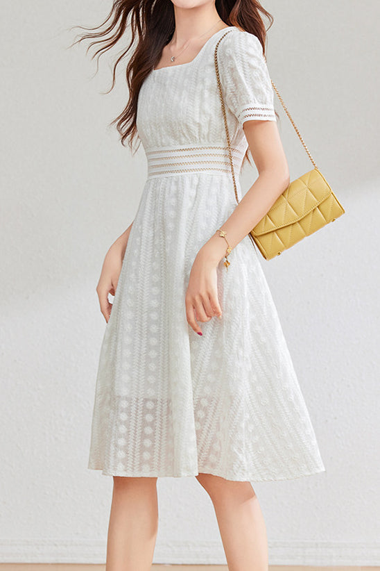 French-style lace hollow square-neck dress - liwisi