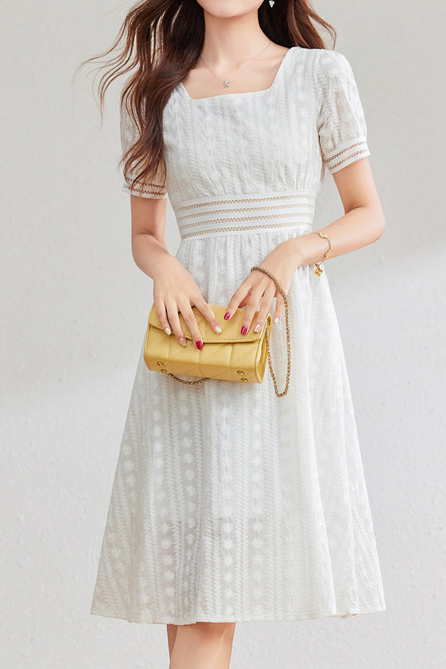 French-style lace hollow square-neck dress - liwisi