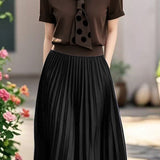 Elegant polka dot tie knit top and pleated skirt set - liwisi