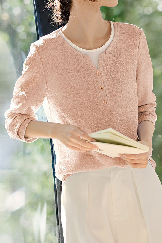Casual fake two-piece spliced crinkled texture T-shirt - liwisi