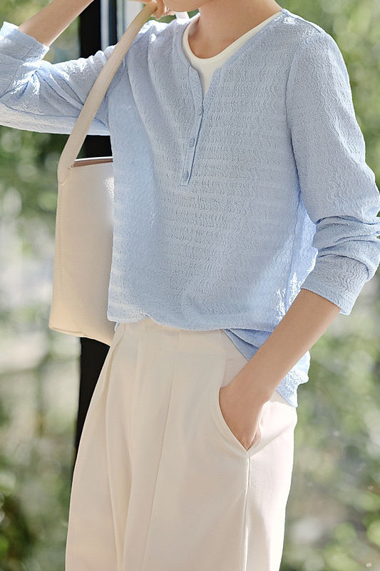 Casual fake two-piece spliced crinkled texture T-shirt - liwisi