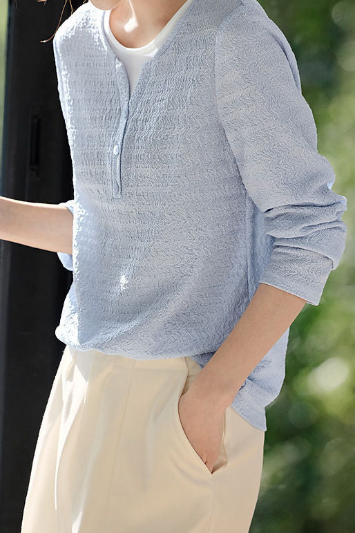 Casual fake two-piece spliced crinkled texture T-shirt - liwisi