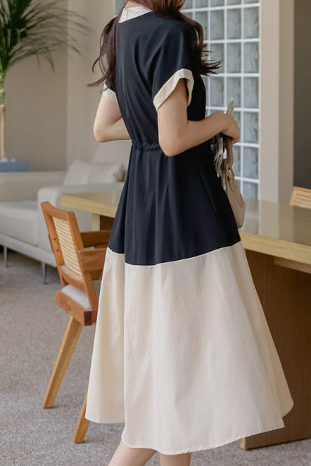 Stylish V-neck color-block tie waist-cinched dress - liwisi