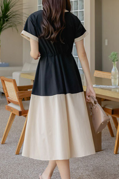 Stylish V-neck color-block tie waist-cinched dress - liwisi