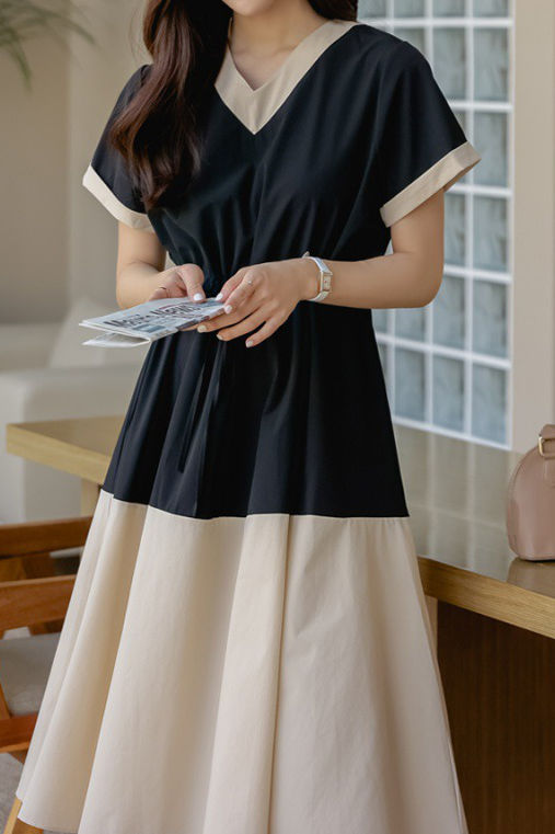 Stylish V-neck color-block tie waist-cinched dress - liwisi