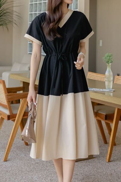 Stylish V-neck color-block tie waist-cinched dress - liwisi