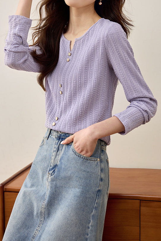Early Autumn Casual Textured Long-Sleeve T-Shirt - liwisi