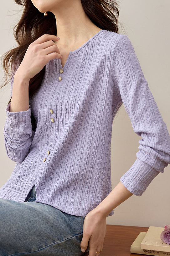 Early Autumn Casual Textured Long-Sleeve T-Shirt - liwisi