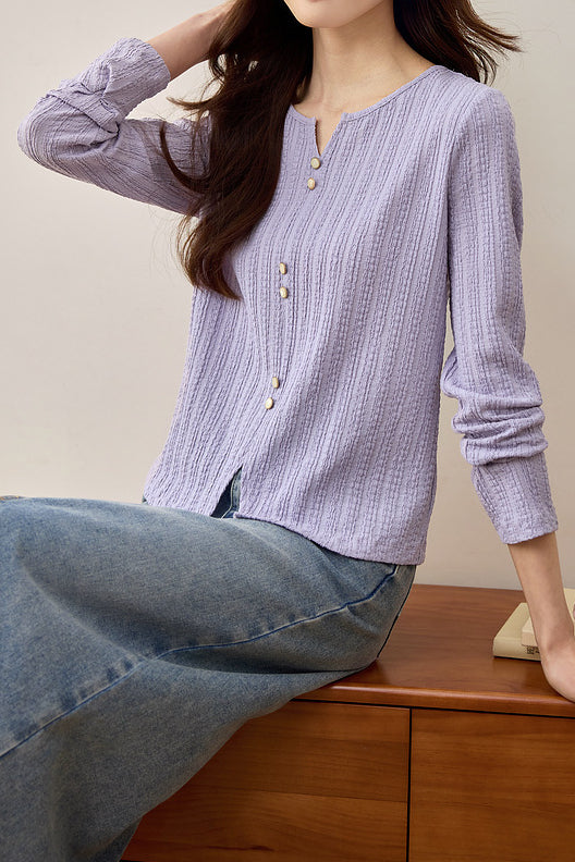 Early Autumn Casual Textured Long-Sleeve T-Shirt - liwisi
