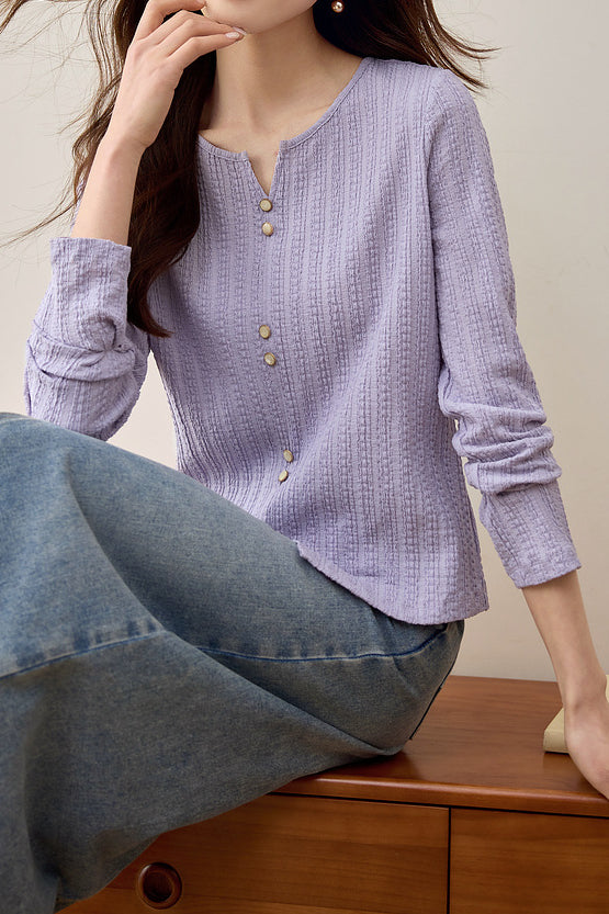 Early Autumn Casual Textured Long-Sleeve T-Shirt - liwisi