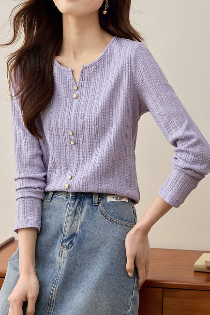 Early Autumn Casual Textured Long-Sleeve T-Shirt - liwisi