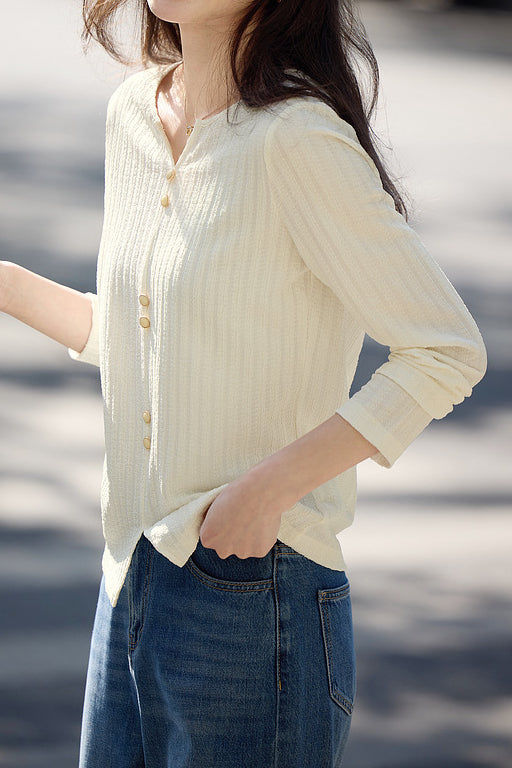 Early Autumn Casual Textured Long-Sleeve T-Shirt - liwisi