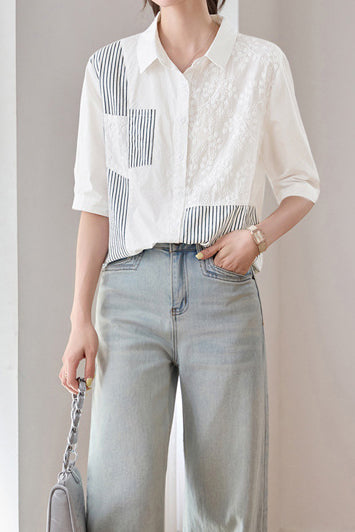 Casual Striped Patchwork Embroidered Collar Shirt - liwisi