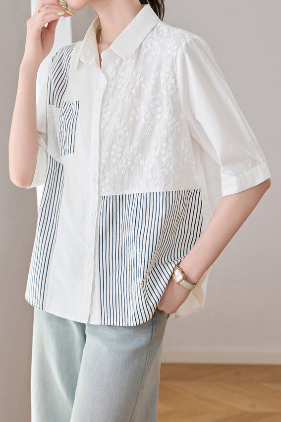 Casual Striped Patchwork Embroidered Collar Shirt - liwisi