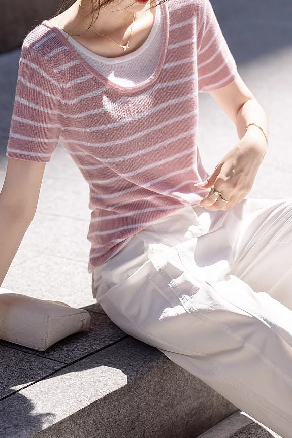Striped Fake Two-Piece Knit T-Shirt - liwisi