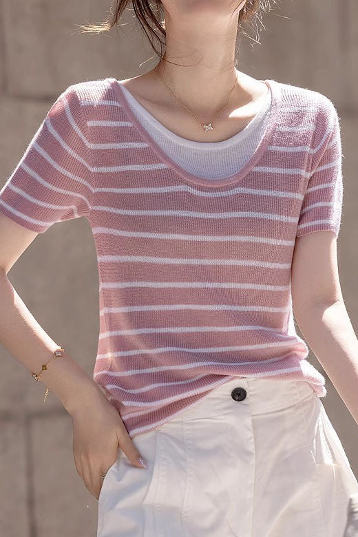 Striped Fake Two-Piece Knit T-Shirt - liwisi