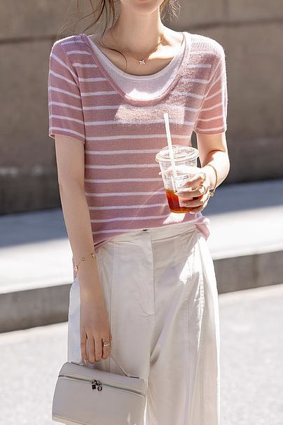 Striped Fake Two-Piece Knit T-Shirt - liwisi