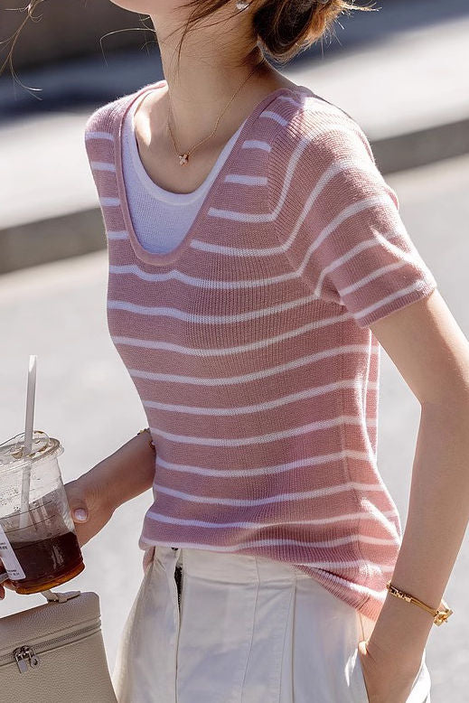 Striped Fake Two-Piece Knit T-Shirt - liwisi