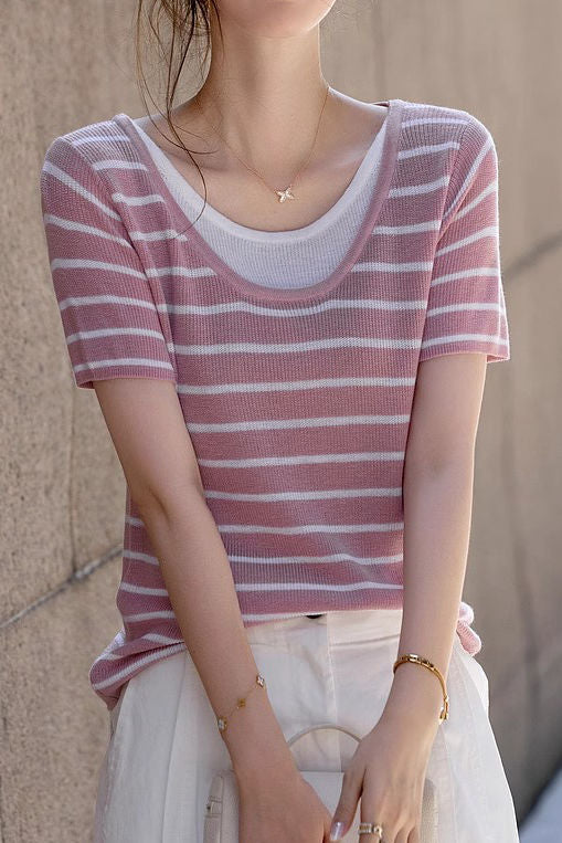 Striped Fake Two-Piece Knit T-Shirt - liwisi
