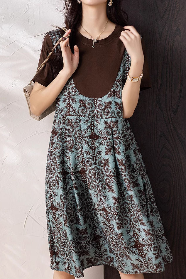 Casual Spliced Print Short-Sleeve Dress - liwisi