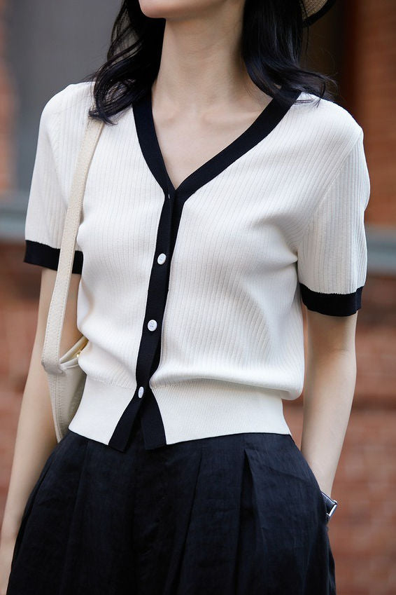 Chic versatile retro color-blocked short sleeve T-shirt - liwisi