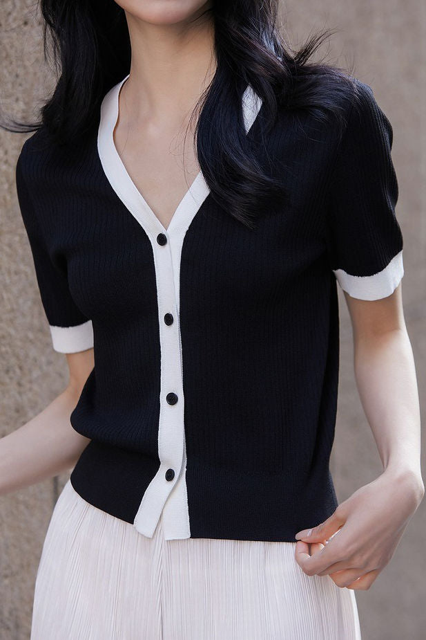 Chic versatile retro color-blocked short sleeve T-shirt - liwisi