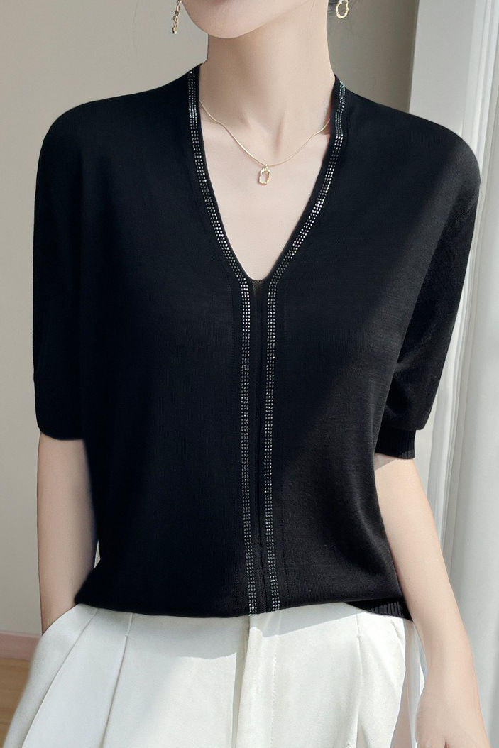 Loose-fitting versatile knit short sleeve T-shirt - liwisi