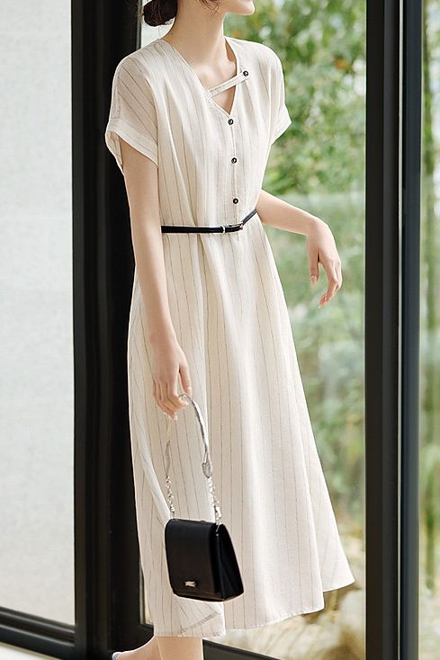Casual commuting striped waist A-line dress - liwisi