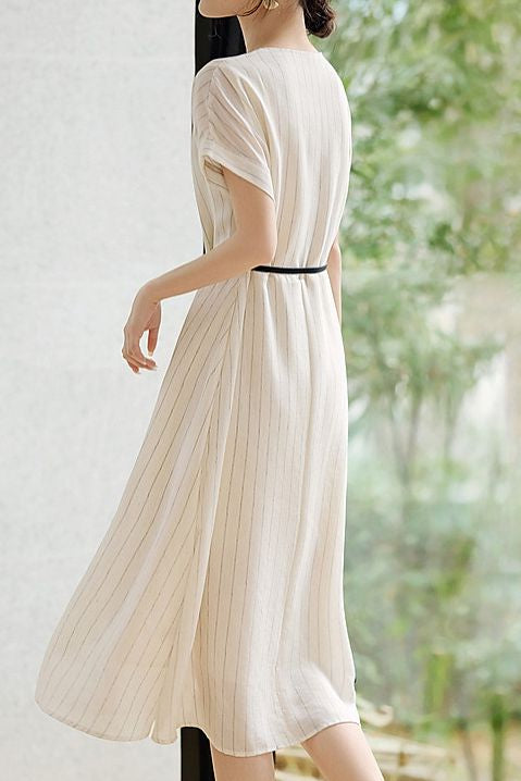 Casual commuting striped waist A-line dress - liwisi